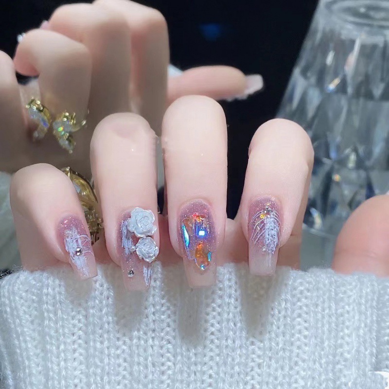 Móng tay giả đính đá, đính nơ, đính hoa, Bộ 24 móng tay giả cô dâu đẹp sang trọng, Nail box, Nail xinh,Shyn House Nail