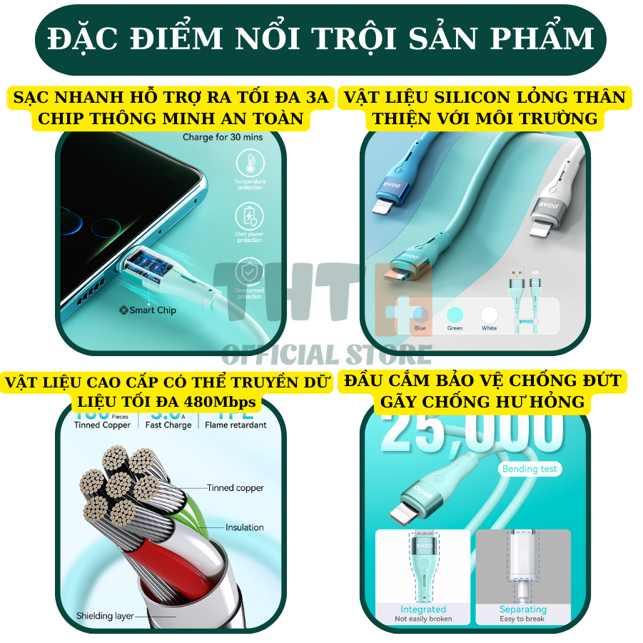 Dây sạc Silicon cao cấp X280L Chính hãng BWOO Cho 6 đến 14 Bảo hành 12 Tháng