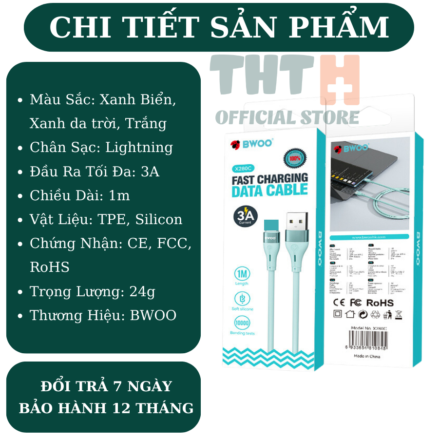 Dây sạc Silicon cao cấp X280L Chính hãng BWOO Cho 6 đến 14 Bảo hành 12 Tháng