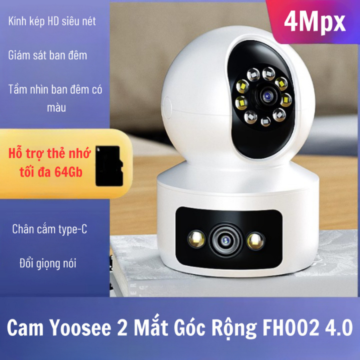 Camera Yoosee 2 Mắt Góc Rộng FH002 4.0  - Xem Đêm Có Màu - Thẻ Nhớ 64GB - Bảo Hành 12 Tháng- Camera 2 Mắt.