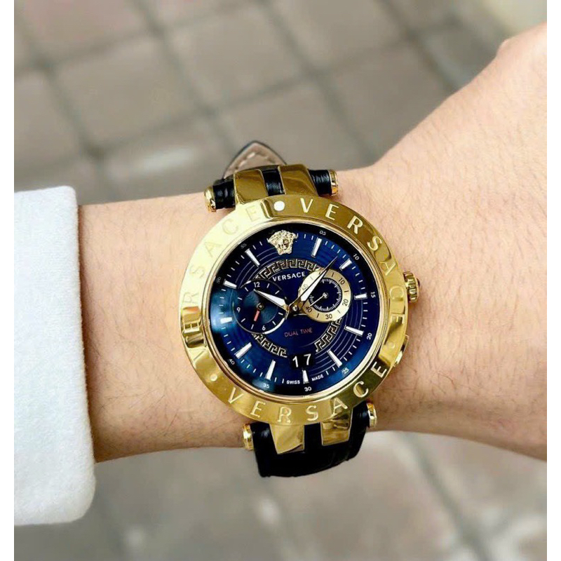 Đồng hồ cặp Versace V-Race & Vesace Daphnis mặt tròn dây da màu xanh