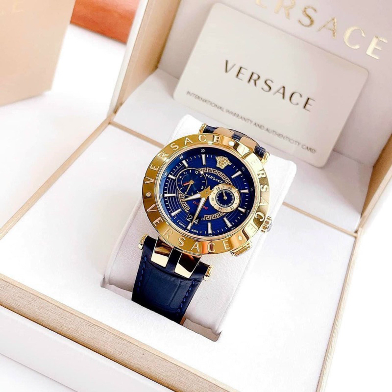 Đồng hồ cặp Versace V-Race & Vesace Daphnis mặt tròn dây da màu xanh