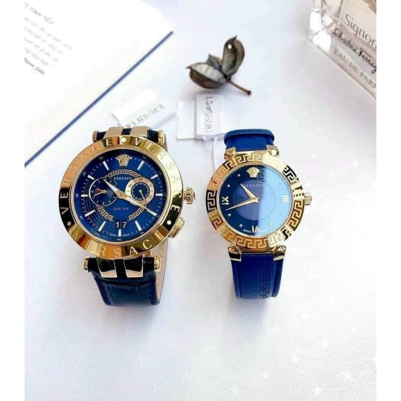 Đồng hồ cặp Versace V-Race & Vesace Daphnis mặt tròn dây da màu xanh