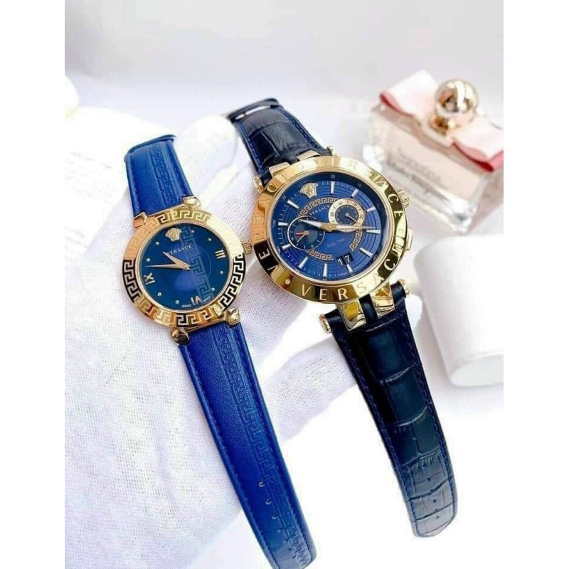 Đồng hồ cặp Versace V-Race & Vesace Daphnis mặt tròn dây da màu xanh