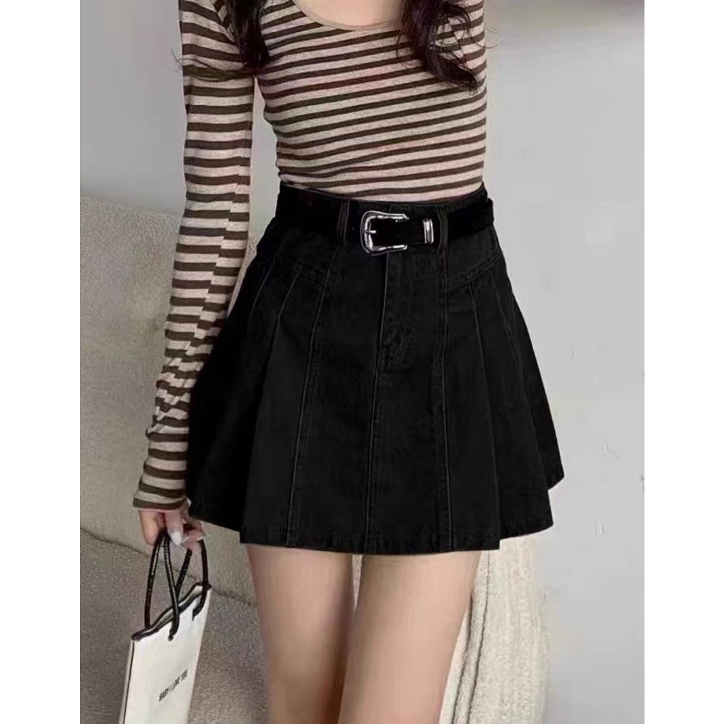 LYRA Chân váy ngắn kaki xòe kèm belt đen phong cách trẻ trung, Hàn Quốc - CSYCN0154