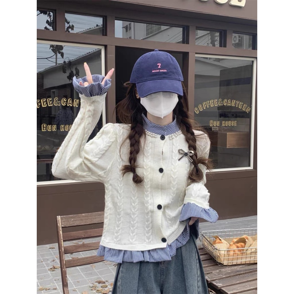 Áo len đẹt kim phối sơ mi viền bèo đính hạt sang chảnh Áo cadigan len tay bèo nữ dáng ngắn thu đông Hàn Quốc B1-X