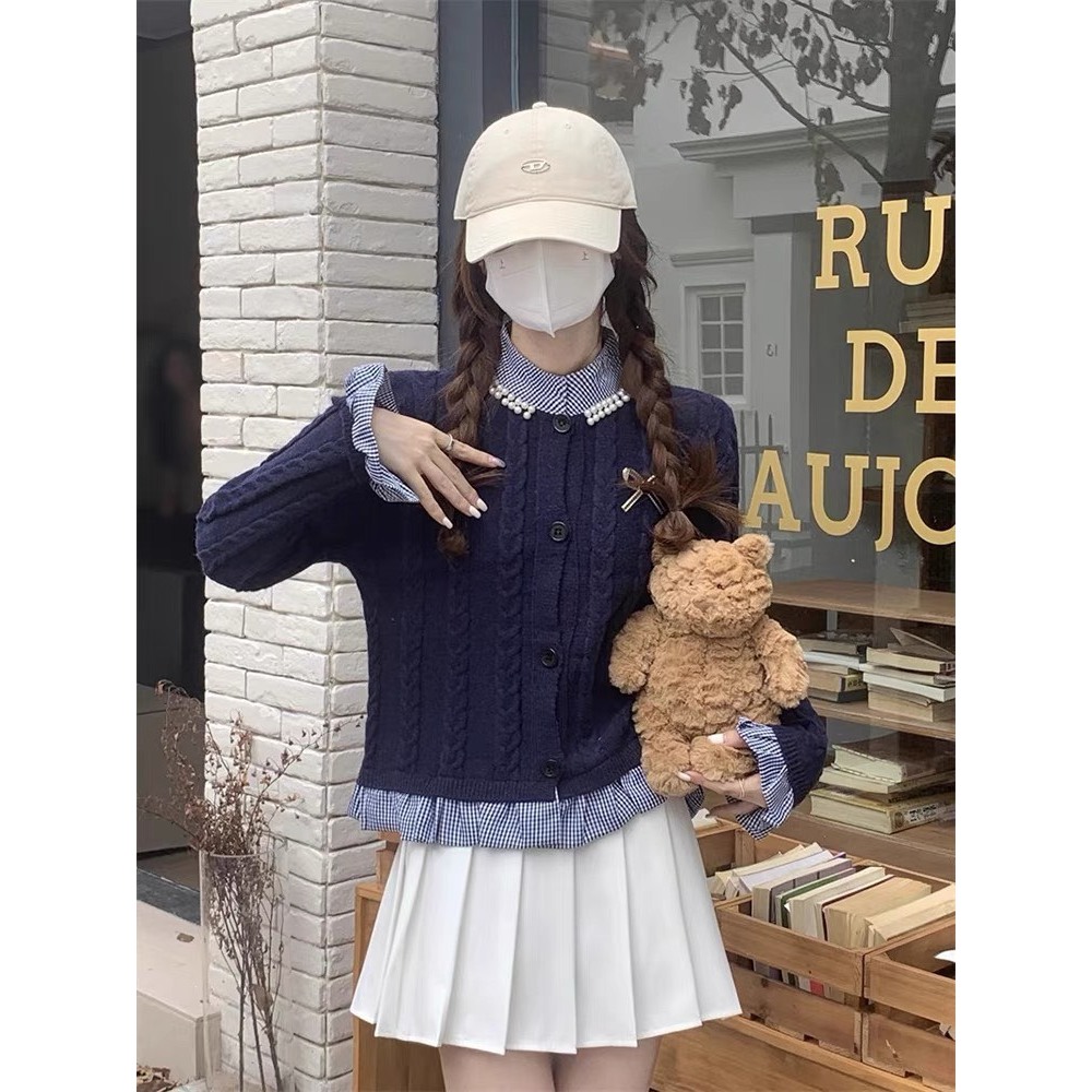 Áo len đẹt kim phối sơ mi viền bèo đính hạt sang chảnh Áo cadigan len tay bèo nữ dáng ngắn thu đông Hàn Quốc B1-X