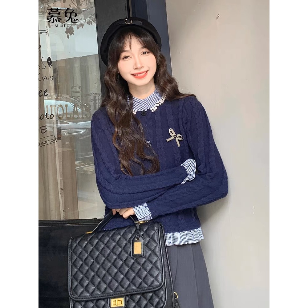 Áo len đẹt kim phối sơ mi viền bèo đính hạt sang chảnh Áo cadigan len tay bèo nữ dáng ngắn thu đông Hàn Quốc B1-X