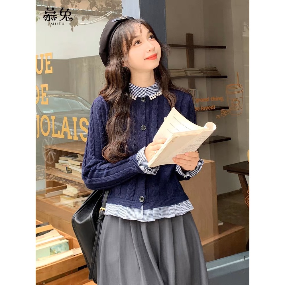 Áo len đẹt kim phối sơ mi viền bèo đính hạt sang chảnh Áo cadigan len tay bèo nữ dáng ngắn thu đông Hàn Quốc B1-X