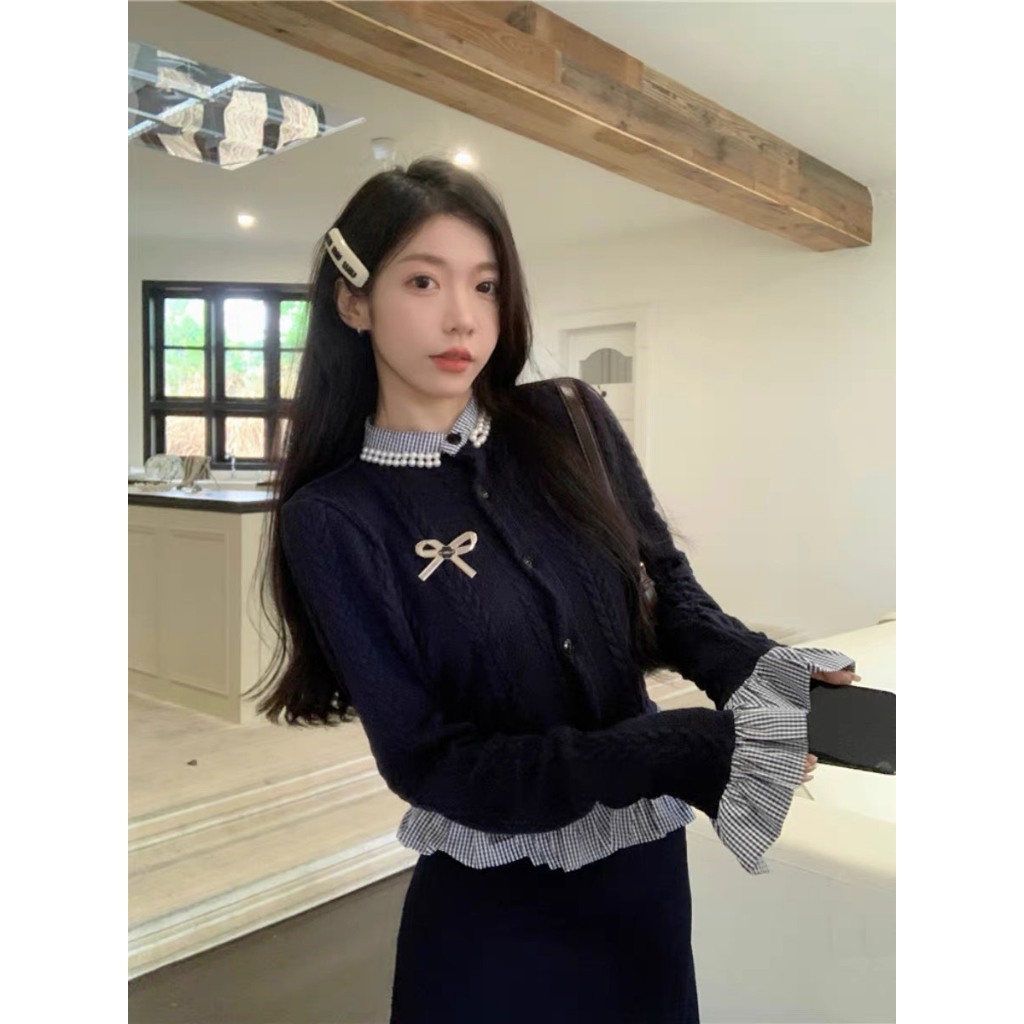 Áo len đẹt kim phối sơ mi viền bèo đính hạt sang chảnh Áo cadigan len tay bèo nữ dáng ngắn thu đông Hàn Quốc B1-X