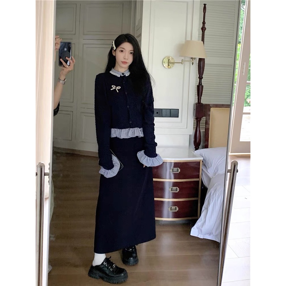 Áo len đẹt kim phối sơ mi viền bèo đính hạt sang chảnh Áo cadigan len tay bèo nữ dáng ngắn thu đông Hàn Quốc B1-X