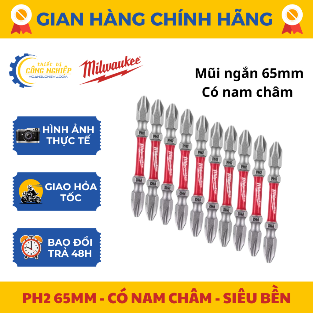 Mũi vít ngắn PH2 65mm hãng Milwaukee 48-32-4361D. Đầu vít có nam châm hút mạnh, mũi siêu cứng, độ bền cao.