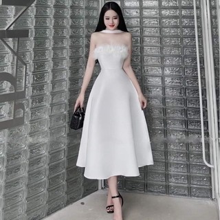 Đầm cup xoè đính lông vũ