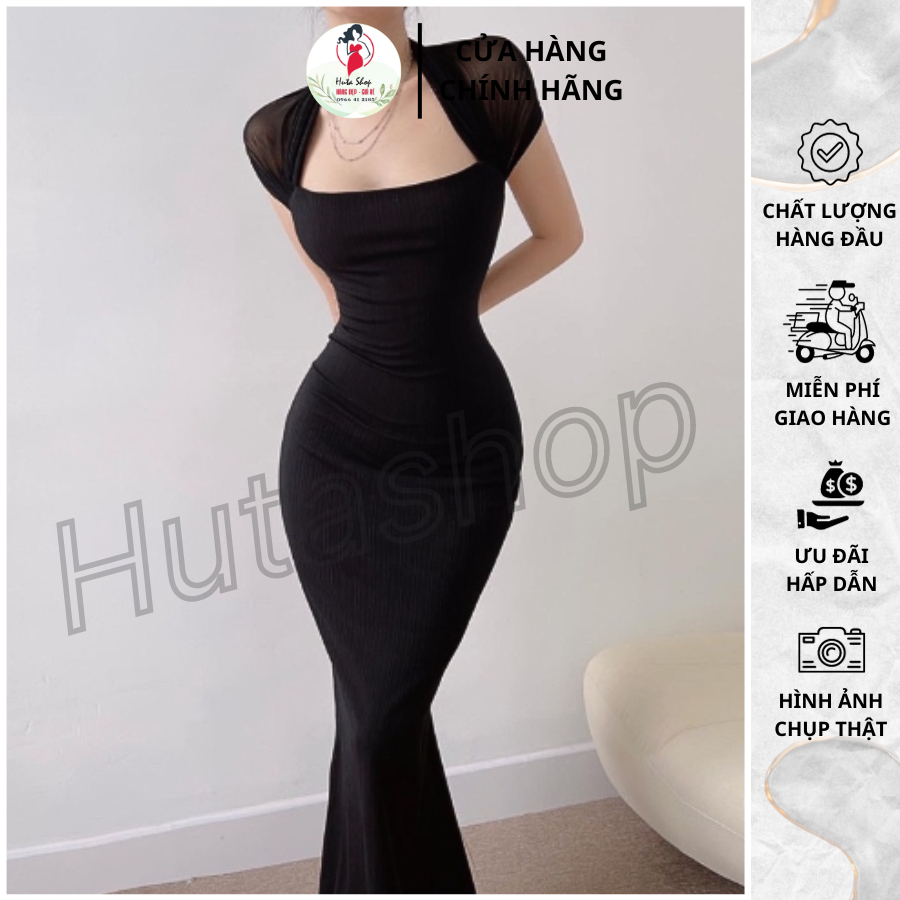 Đầm body đuôi cá dáng dài Huta, đầm maxi phối vai lưới sexy tôn dáng, chất borip thấm hút co giãn tốt