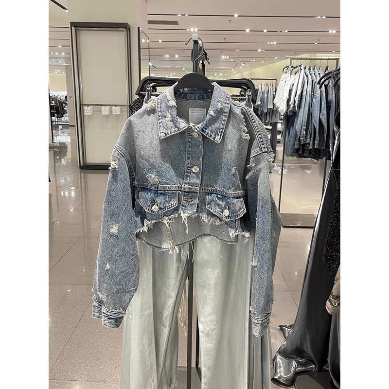 Áo Khoác Denim Croptop Mài Rách Zara