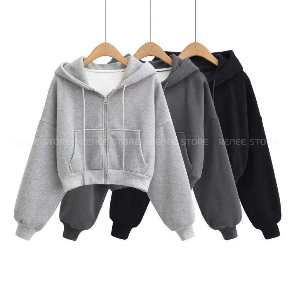 Áo khoác nỉ croptop dáng rộng, áo hoodie dáng lửng chất nỉ Hàn dài tay A586