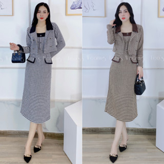  Set váy dạ én LEOSWEARING đầm 2 dây xẻ tà sau mix áo khoác croptop tay dài A582 A620 