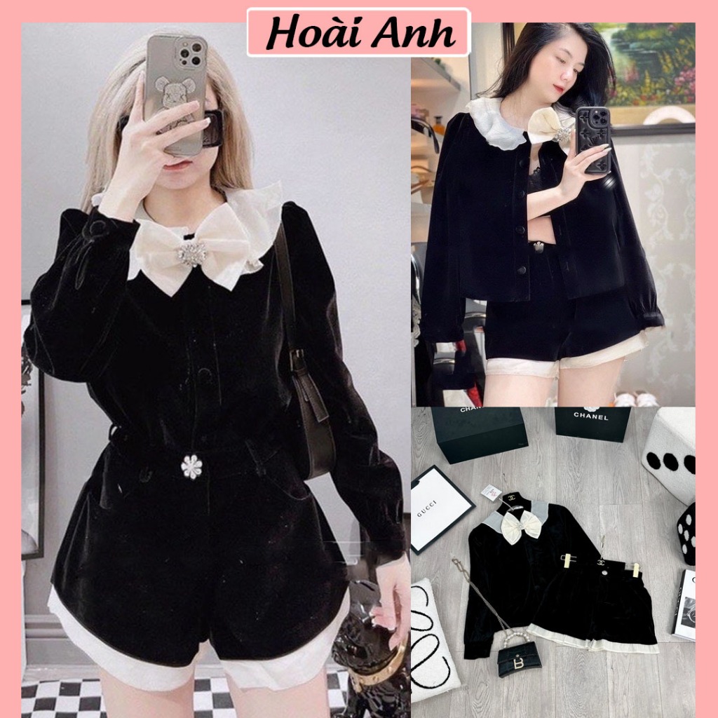 Set Bộ Đô Nữ Nhung Đen Áo Nhung Tuyết Dài Tay Phối Bèo Nơ Cổ Mix Quần Sooc Đùi Viền Bèo Gấu Freesize