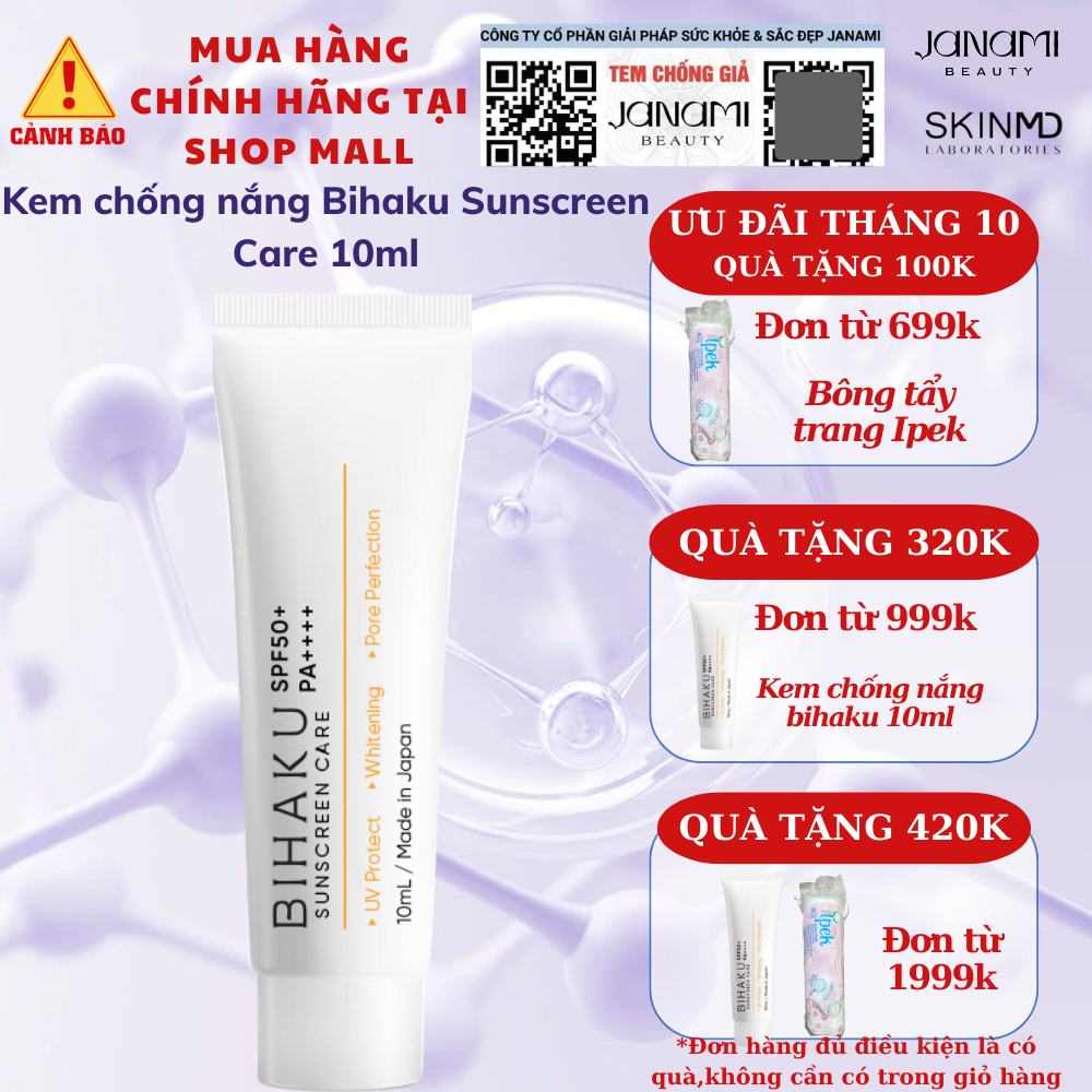 Kem Chống Nắng Bihaku Sunscreen SPF 50+, PA++++ dành cho nhạy cảm và dưỡng trắng da 10ml