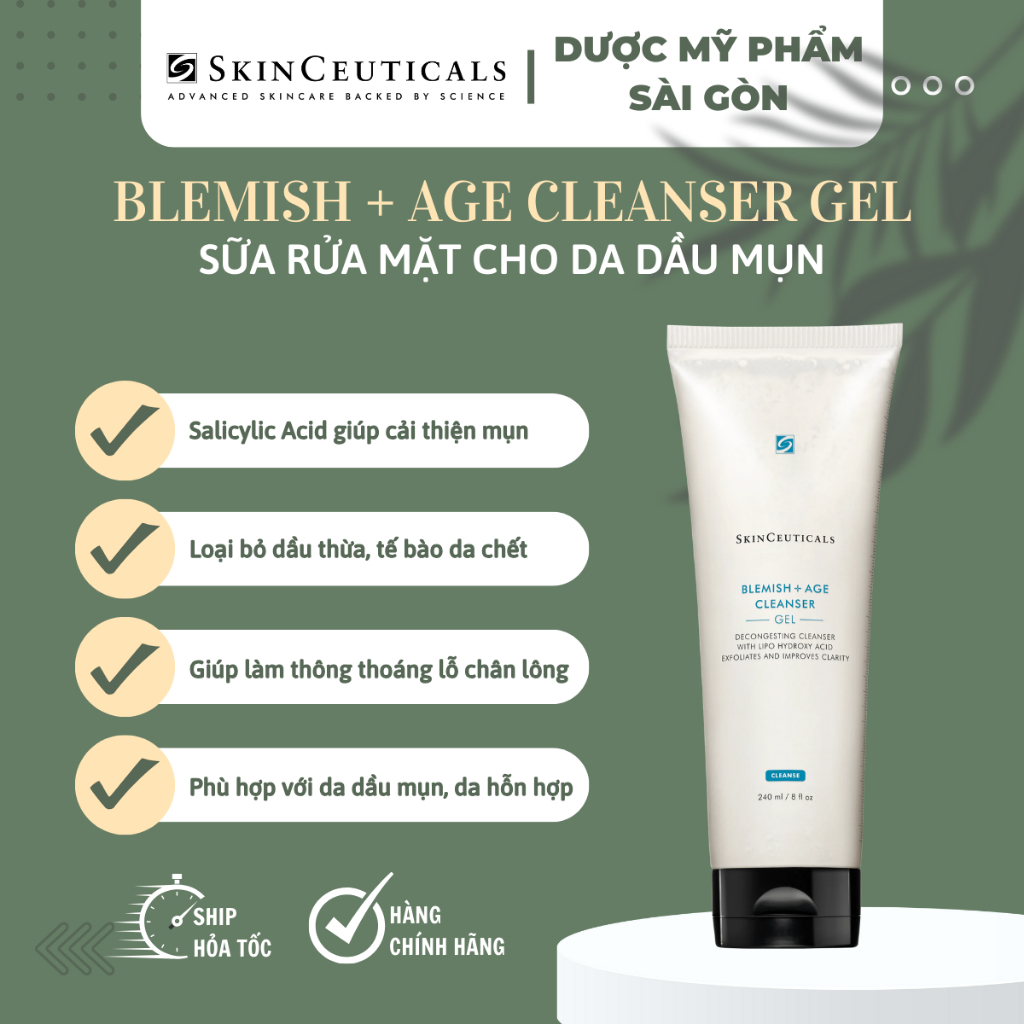 [hàng công ty] sữa rửa mặt cho da dầu mụn skinceuticals blemish + age cleanser gel 240ml (Mỹ)