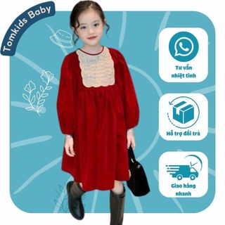 Váy đỏ cho bé gái, đầm nhung đỏ cho bé gái công chúa tomkids đính cườm siêu xinh cho bé diện tết, noel