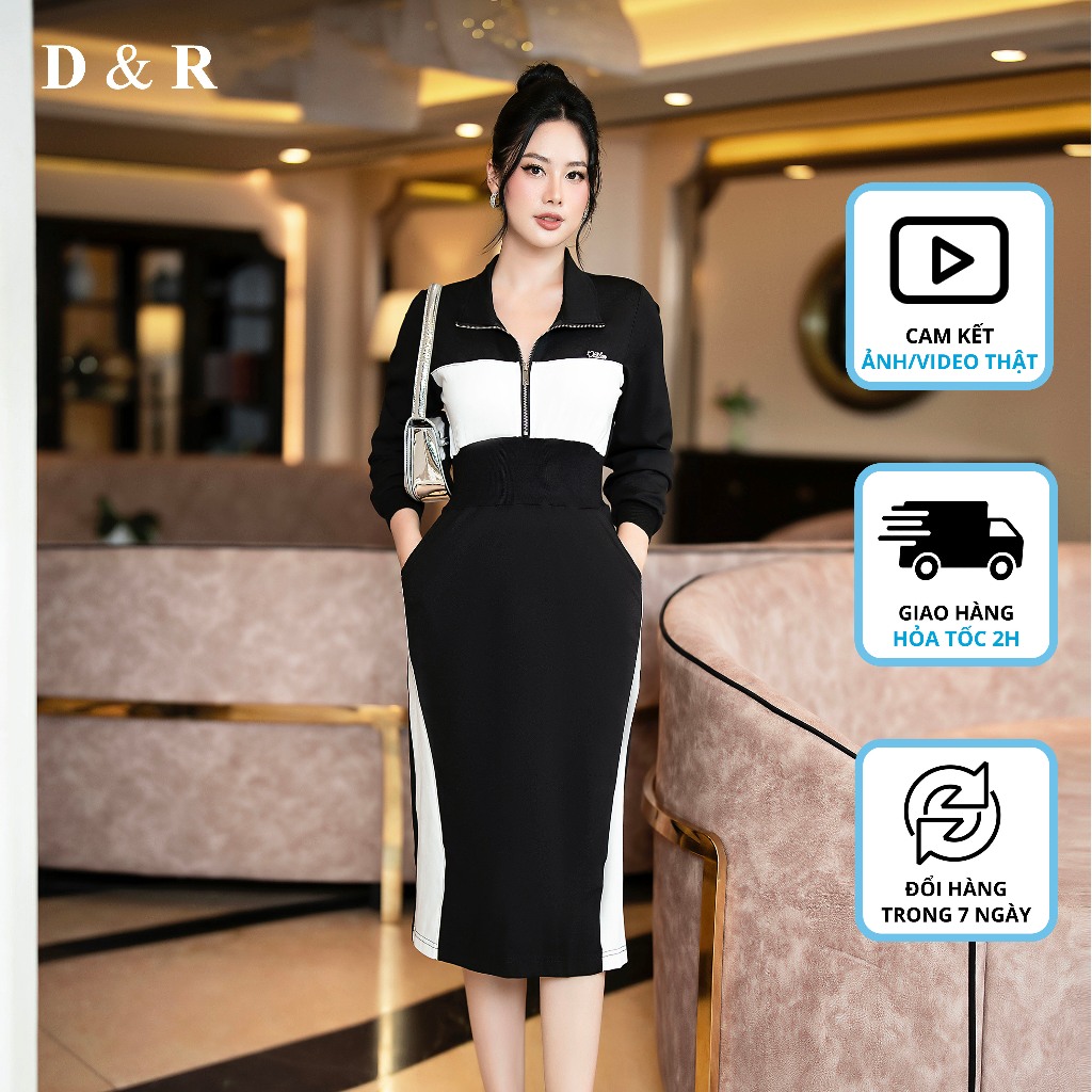 Đầm polo dây kéo bigsize bo eo đính logo Quảng Châu cao cấp D&R Fashion D452