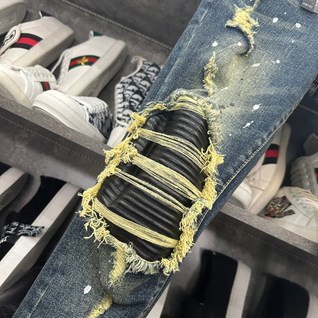 Quần Jean Nam Xanh Rêu Boy Phố Vá Da Vảy Sơn vá da dập vân thêu sát viền tương đối cứng vảy sơn trắng bản 4 khuy