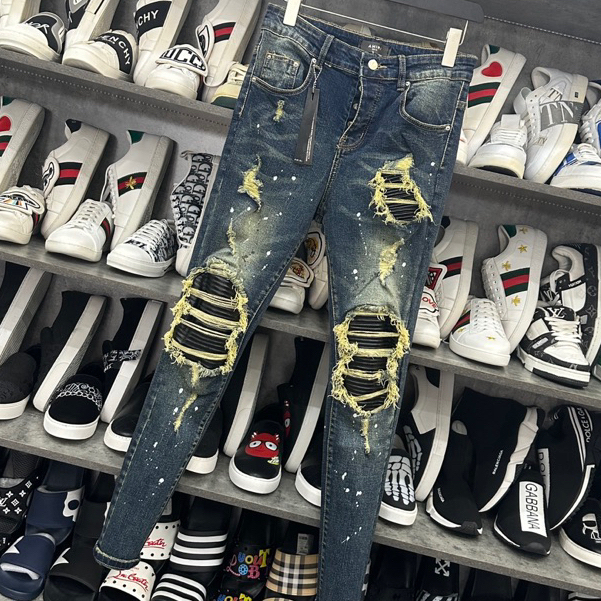 Quần Jean Nam Xanh Rêu Boy Phố Vá Da Vảy Sơn vá da dập vân thêu sát viền tương đối cứng vảy sơn trắng bản 4 khuy