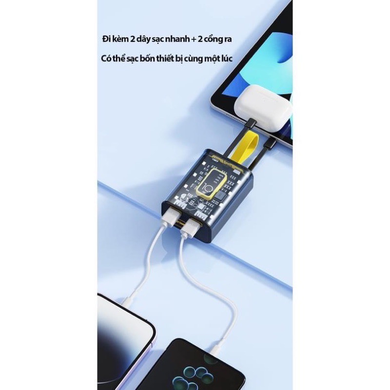 Sạc dự phòng, sạc dự phòng 10000mah sạc nhanh màn hình Led tích hợp 3 đầu cáp sạc