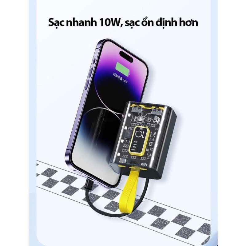 Sạc dự phòng, sạc dự phòng 10000mah sạc nhanh màn hình Led tích hợp 3 đầu cáp sạc