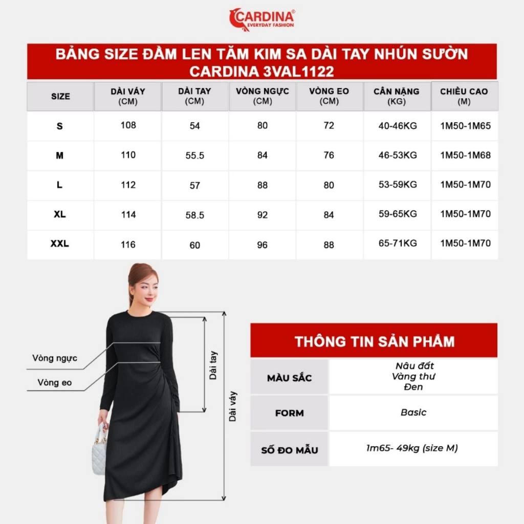 Váy Nữ 𝐂𝐀𝐑𝐃𝐈𝐍𝐀 Chất Len Tăm Kim Sa Dài Tay Tạo Dáng Nhún Eo Co Dãn Thoải Mái Ôm Vừa Tôn Dáng Màu Đẹp Phong Cách 3VAL11