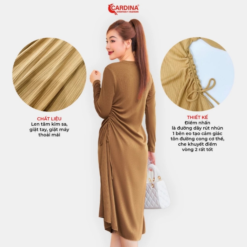 Váy Nữ 𝐂𝐀𝐑𝐃𝐈𝐍𝐀 Chất Len Tăm Kim Sa Dài Tay Tạo Dáng Nhún Eo Co Dãn Thoải Mái Ôm Vừa Tôn Dáng Màu Đẹp Phong Cách 3VAL11