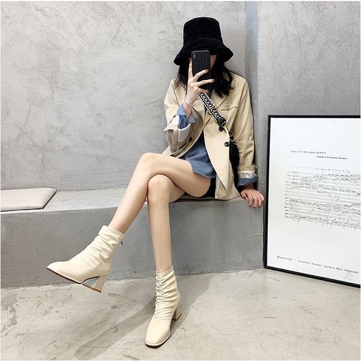 Bốt nữ Da Nhăn kéo khóa sau đế cao 6cm Mã B082