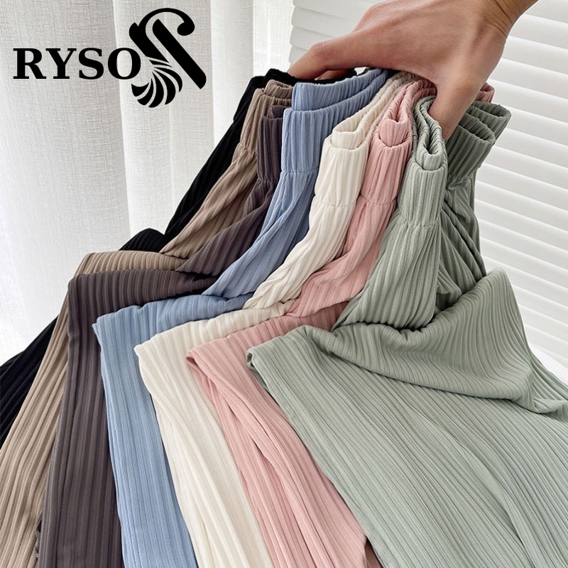 Quần ống rộng nữ vải tăm rủ co giãn cạp chun lưng cao RYSO FASHION Ống Suông Trơn Viền Gân Mềm Mát