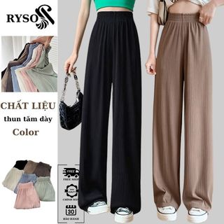 Quần ống rộng nữ vải tăm rủ co giãn cạp chun lưng cao RYSO FASHION Ống Suông Trơn Viền Gân Mềm Mát