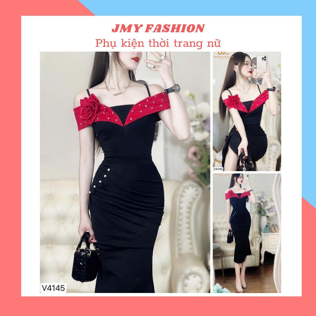 V4145 Váy body đen phối trễ vai đỏ  váy body dự tiệc thiết kế sang chảnh