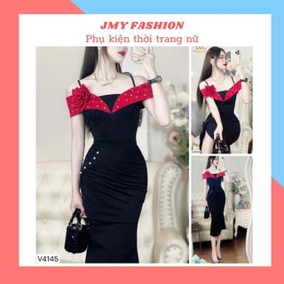 V4145 Váy body đen phối trễ vai đỏ [Dolce Viva Colection (DVC)] váy body dự tiệc thiết kế sang chảnh
