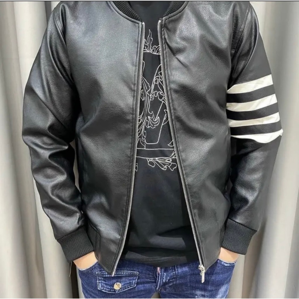 Áo Khoác Da nam Nữ Thome Họa Tiết Phối Tay Sọc Thêu - Áo Khoác Jacket Lót Gió Cực Chất Hottrend 2023