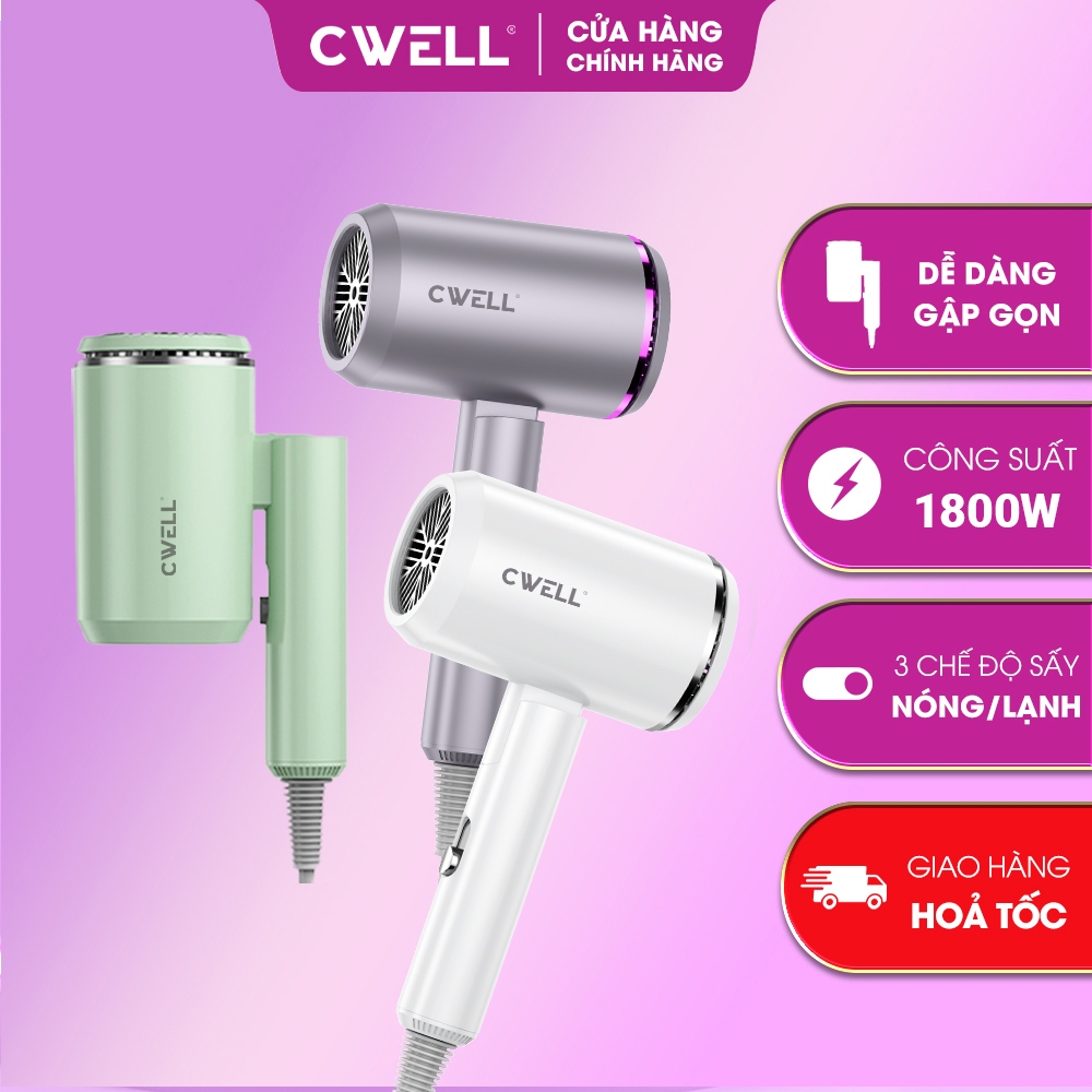 Máy sấy tóc mini CWELL gấp gọn tạo kiểu tóc chuyên nghiệp công suất lớn 1800w bảo hành chính hãng