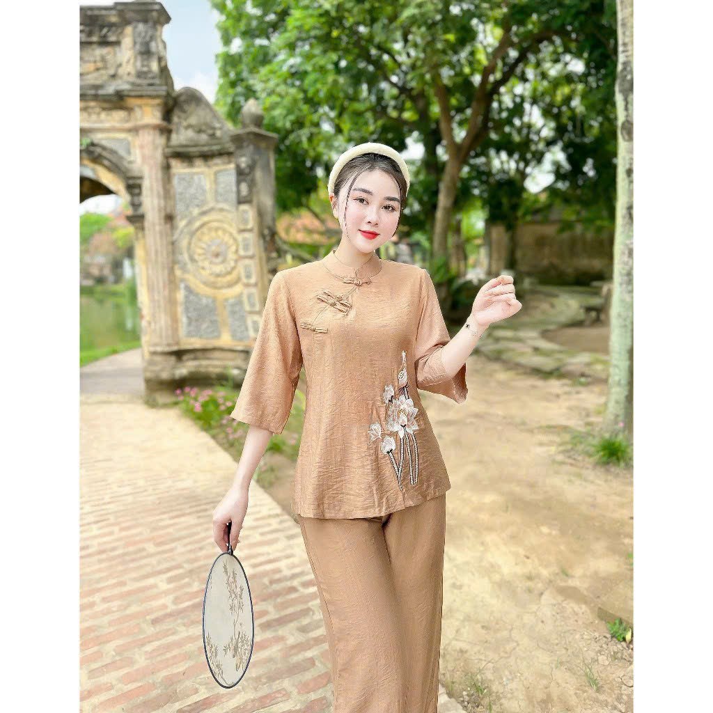 Đồ Lam Đi Chùa,Pháp Phục đi Lễ Nguyên Set bộ bà ba 4 nút tàu tay lỡ chất đũi vân mây thêu hoa sen