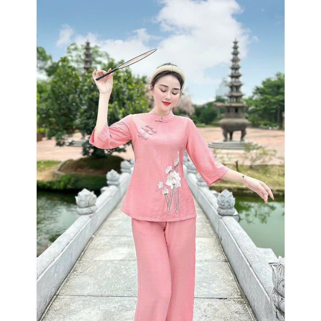 Đồ Lam Đi Chùa,Pháp Phục đi Lễ Nguyên Set bộ bà ba 4 nút tàu tay lỡ chất đũi vân mây thêu hoa sen