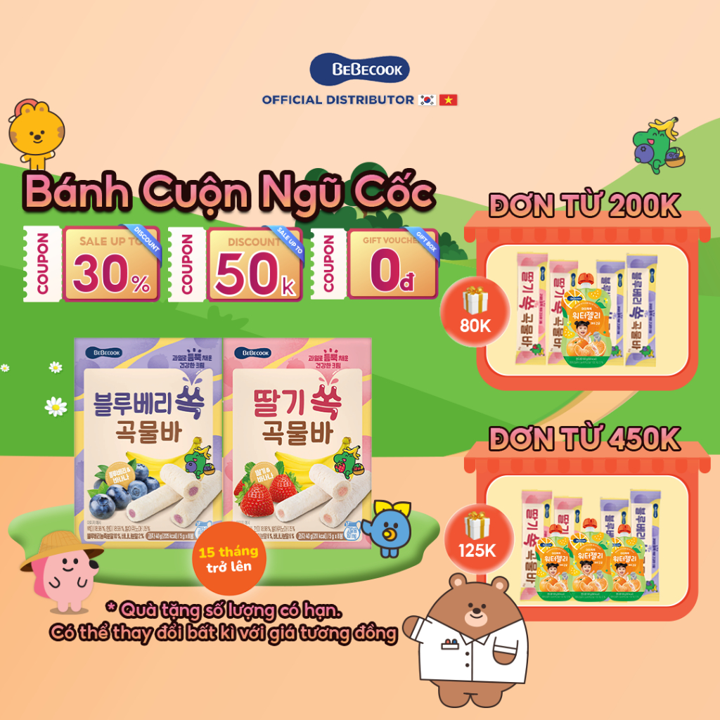 Bánh ngũ cốc ăn dặm cho bé BeBecook dạng thanh cuộn vị trái cây hữu cơ 40gr/gói