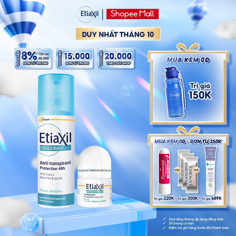 Combo Xịt Khử Mùi Tức Thì Etiaxil 100ml và Lăn Khử Mùi Ngăn Mồ Hôi Etiaxil 15ml (nhãn xanh)