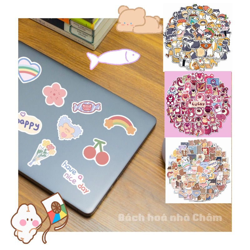 50-100 sticker gấu dâu, gấu nâu, mèo trang trí laptop, sách, đàn, dụng cụ học tập xinh xắn