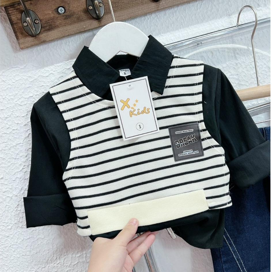 Sét bộ sơ mi kẻ đen 3ct kèm áo gile và quần bò jean sành điệu đỉnh của đỉnh cho bé trai