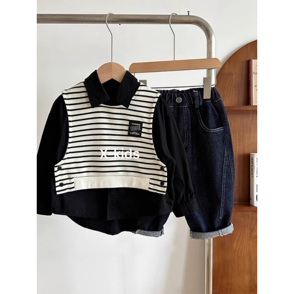 Sét bộ sơ mi kẻ đen 3ct kèm áo gile và quần bò jean sành điệu đỉnh của đỉnh cho bé trai