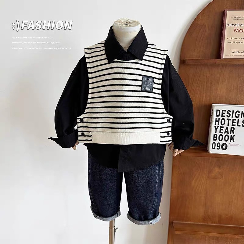 Sét bộ sơ mi kẻ đen 3ct kèm áo gile và quần bò jean sành điệu đỉnh của đỉnh cho bé trai