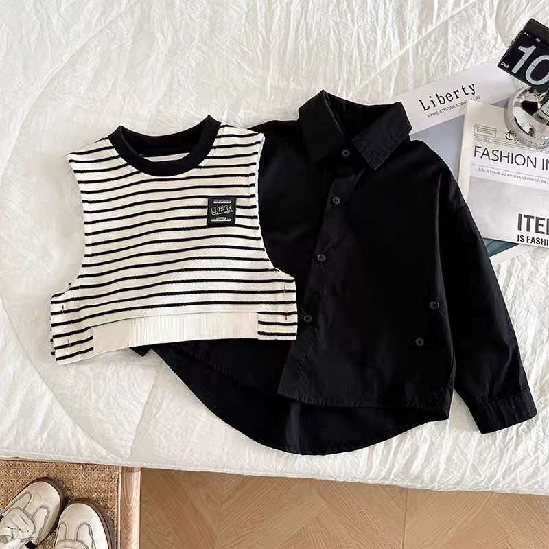 Sét bộ sơ mi kẻ đen 3ct kèm áo gile và quần bò jean sành điệu đỉnh của đỉnh cho bé trai
