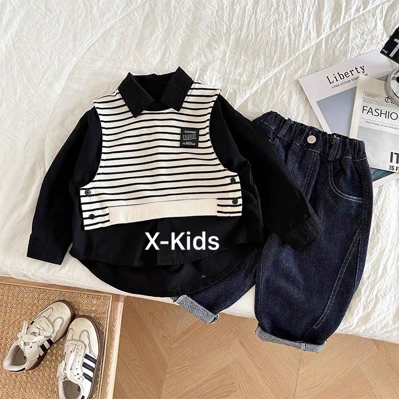 Sét bộ sơ mi kẻ đen 3ct kèm áo gile và quần bò jean sành điệu đỉnh của đỉnh cho bé trai