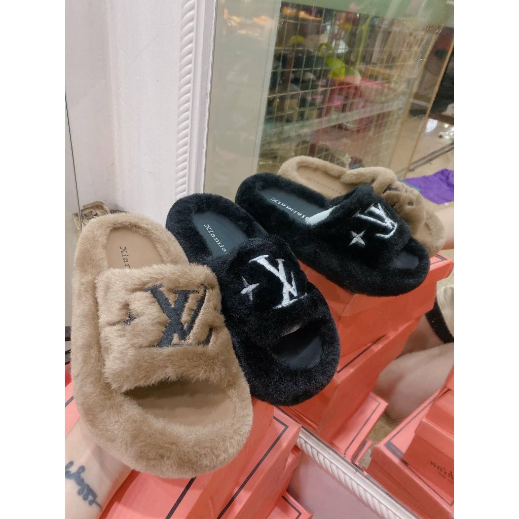 Dép lông LV quai ngang đế dày 3cm